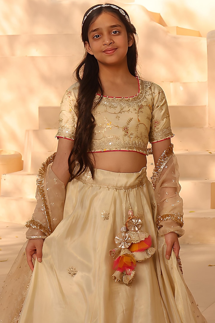 Golden Dupion Embroidered Lehenga Set For Girls by Fayon Kids at Pernia's Pop Up Shop