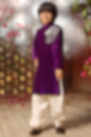 Purple Velvet Embroidered Sherwani Set For Girls by Fayon Kids