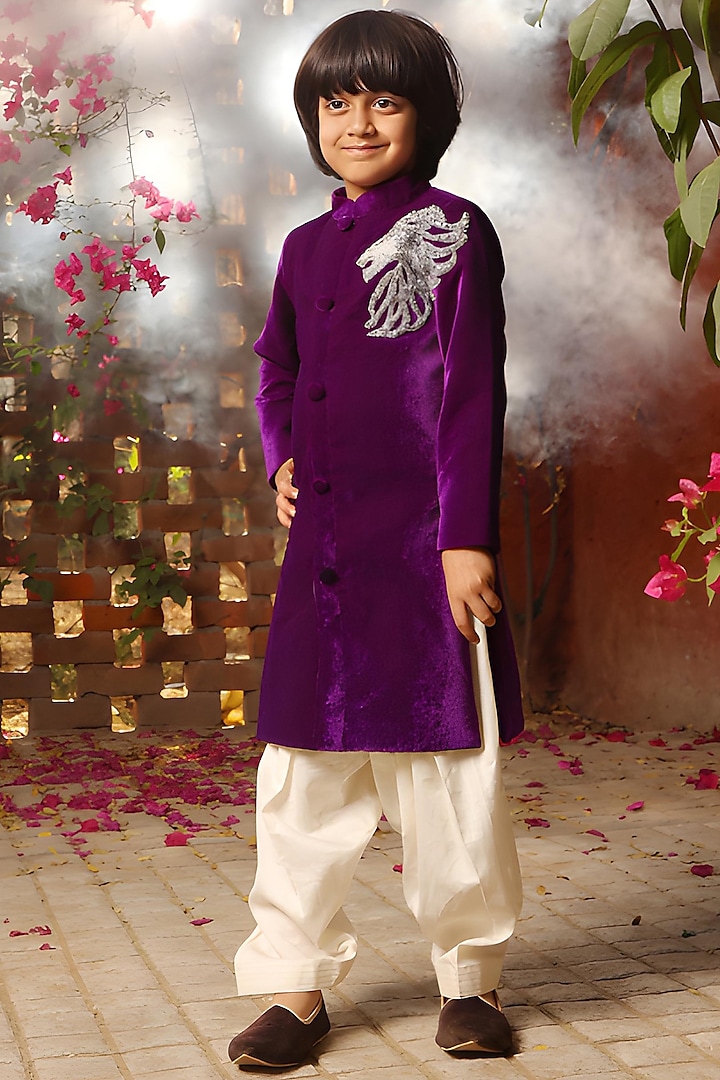 Purple Velvet Embroidered Sherwani Set For Boys by Fayon Kids at Pernia's Pop Up Shop