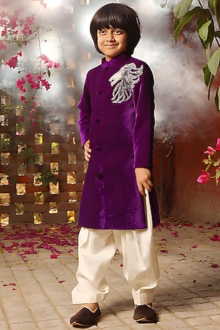 Purple Velvet Embroidered Sherwani Set For Boys by Fayon Kids