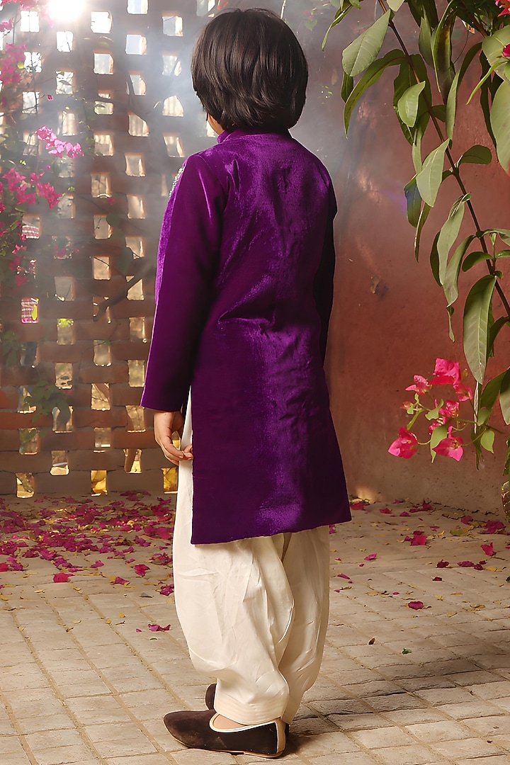 Purple Velvet Embroidered Sherwani Set For Boys by Fayon Kids at Pernia's Pop Up Shop