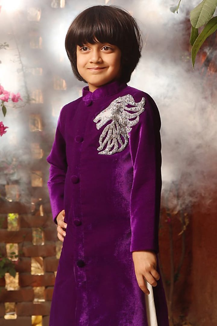 Purple Velvet Embroidered Sherwani Set For Boys by Fayon Kids at Pernia's Pop Up Shop