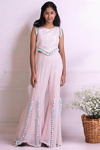 Baby Pink Georgette Palazzo Pant Set For Girls by Fayon Kids