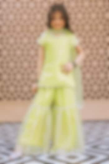 Green Organza Cutdana Embroidered Sharara Set For Girls by Fayon Kids at Pernia's Pop Up Shop