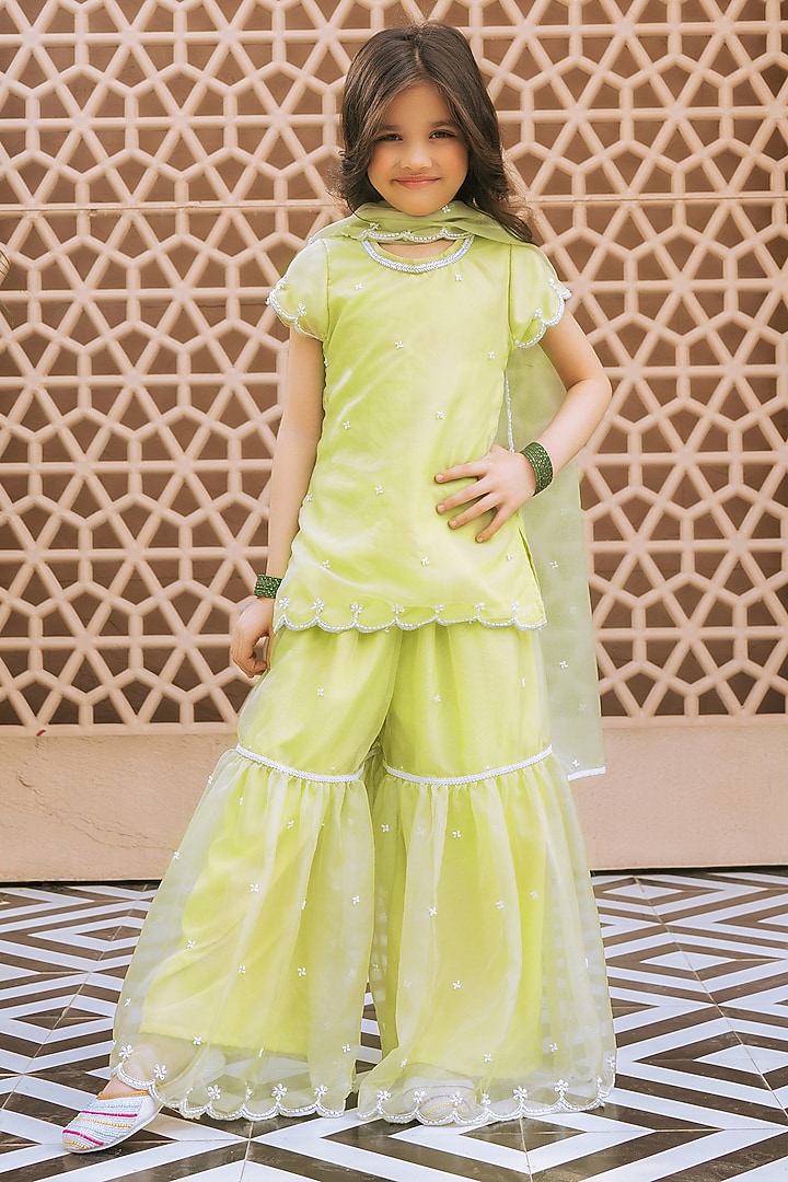 Green Organza Cutdana Embroidered Sharara Set For Girls by Fayon Kids at Pernia's Pop Up Shop