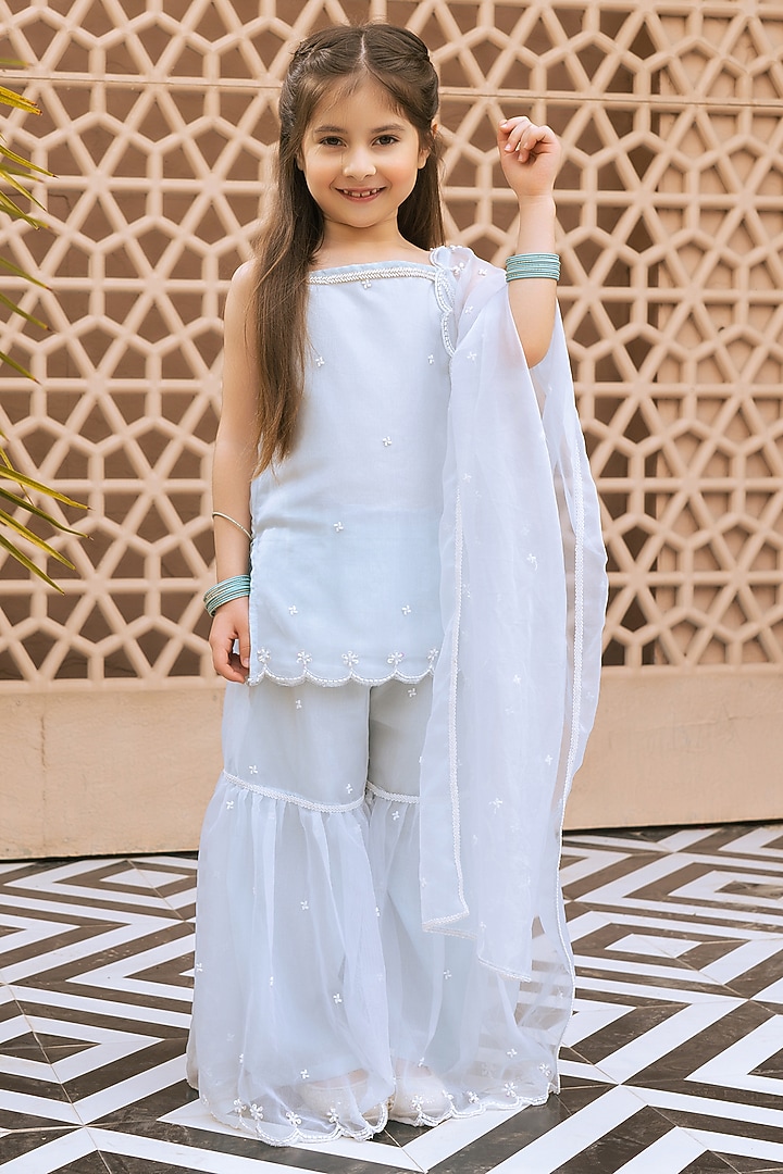 Sky Blue Organza Cutdana Embroidered Sharara Set For Girls by Fayon Kids at Pernia's Pop Up Shop