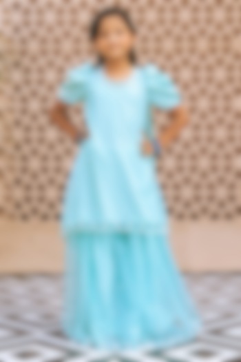 Aqua Organza Cutdana Embroidered Sharara Set For Girls by Fayon Kids at Pernia's Pop Up Shop
