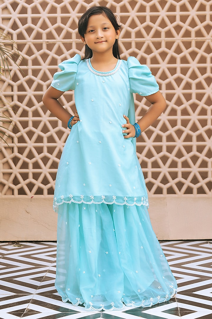 Aqua Organza Cutdana Embroidered Sharara Set For Girls by Fayon Kids at Pernia's Pop Up Shop