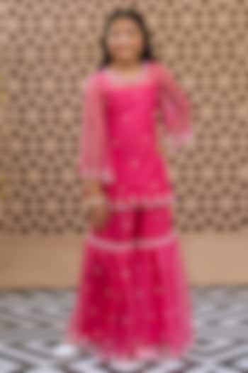 Pink Organza Cutdana Embroidered Sharara Set For Girls by Fayon Kids at Pernia's Pop Up Shop
