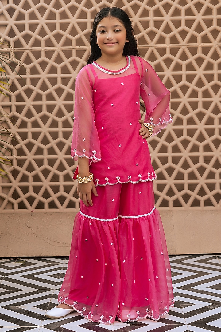 Pink Organza Cutdana Embroidered Sharara Set For Girls by Fayon Kids at Pernia's Pop Up Shop