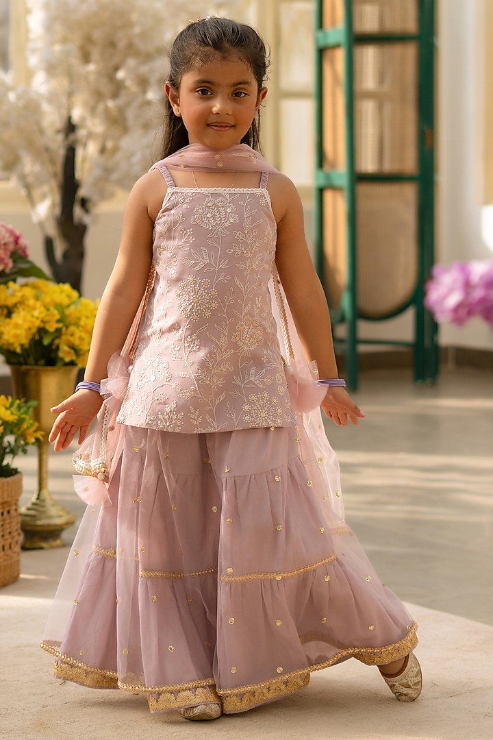 Lilac Georgette Embroidered Lehenga Set For Girls by Fayon Kids at Pernia's Pop Up Shop