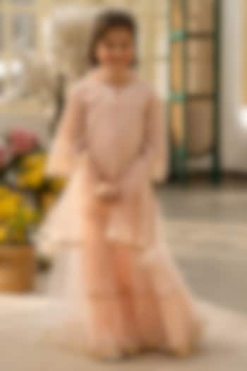 Peach Georgette Embroidered Sharara Set For Girls by Fayon Kids at Pernia's Pop Up Shop