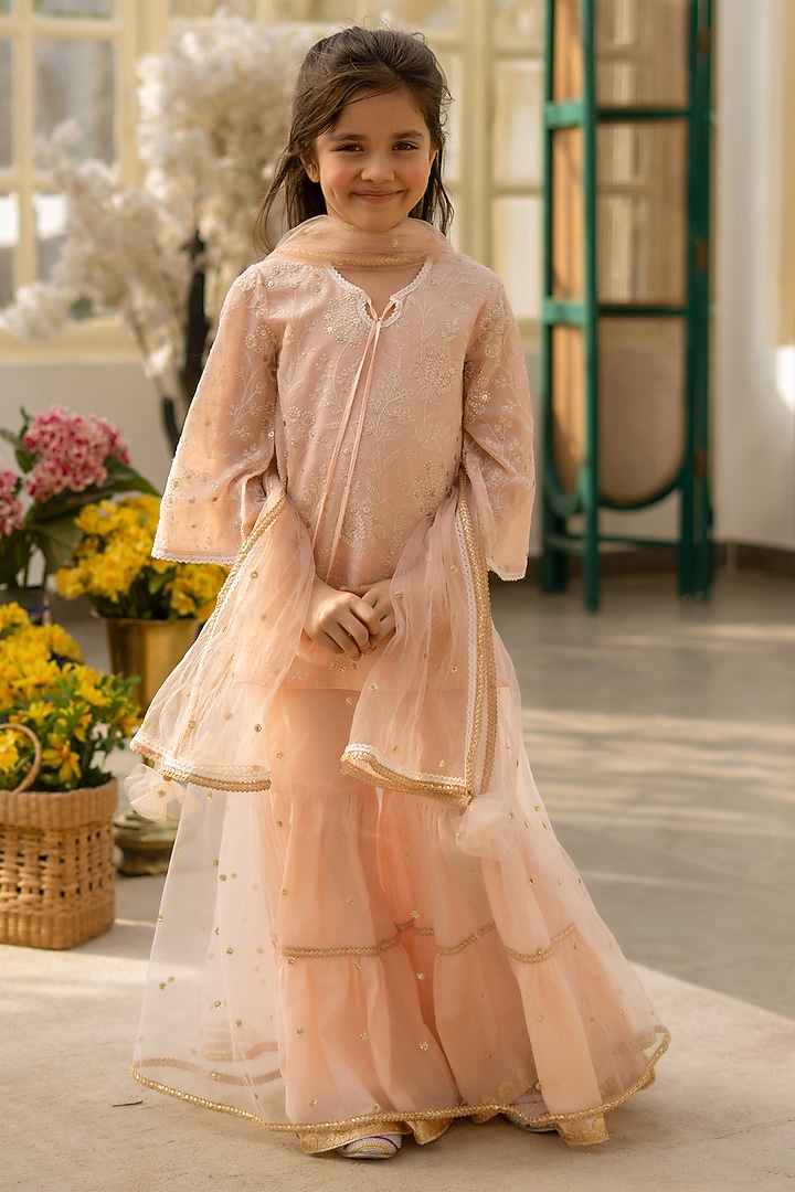 Peach Georgette Embroidered Sharara Set For Girls by Fayon Kids at Pernia's Pop Up Shop