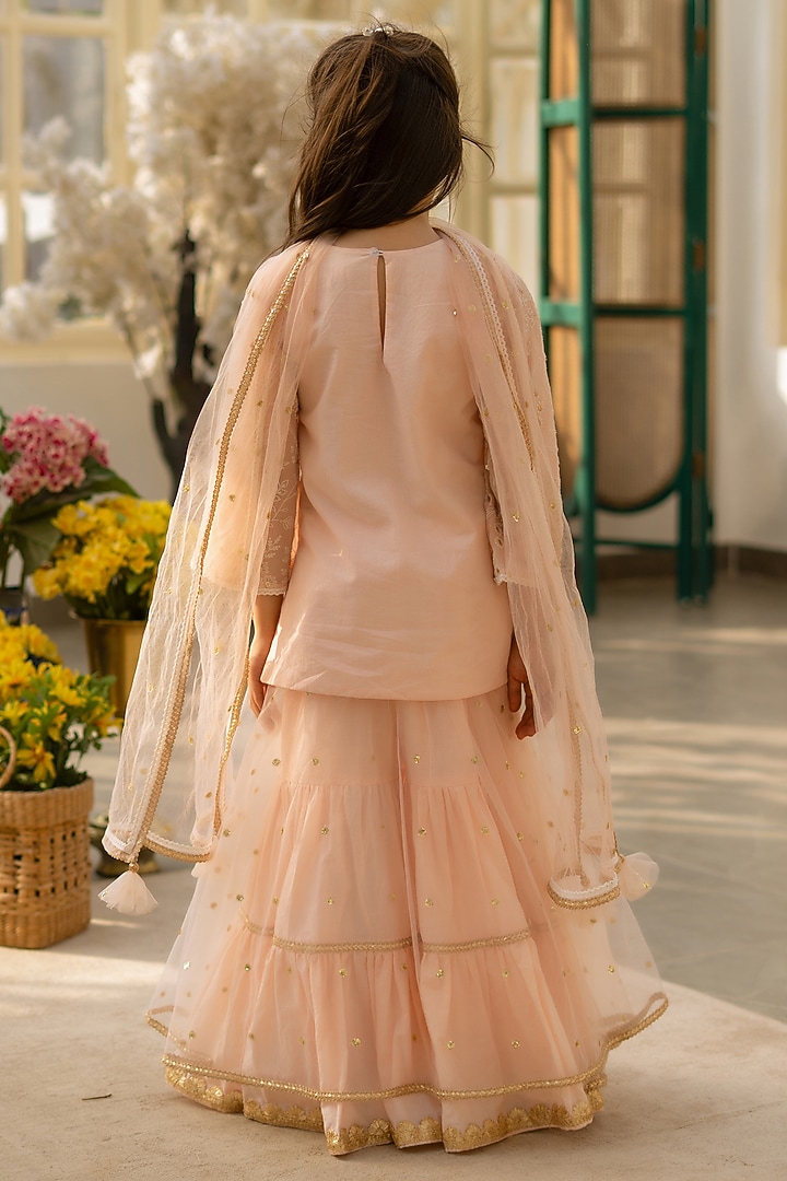 Peach Georgette Embroidered Sharara Set For Girls by Fayon Kids at Pernia's Pop Up Shop