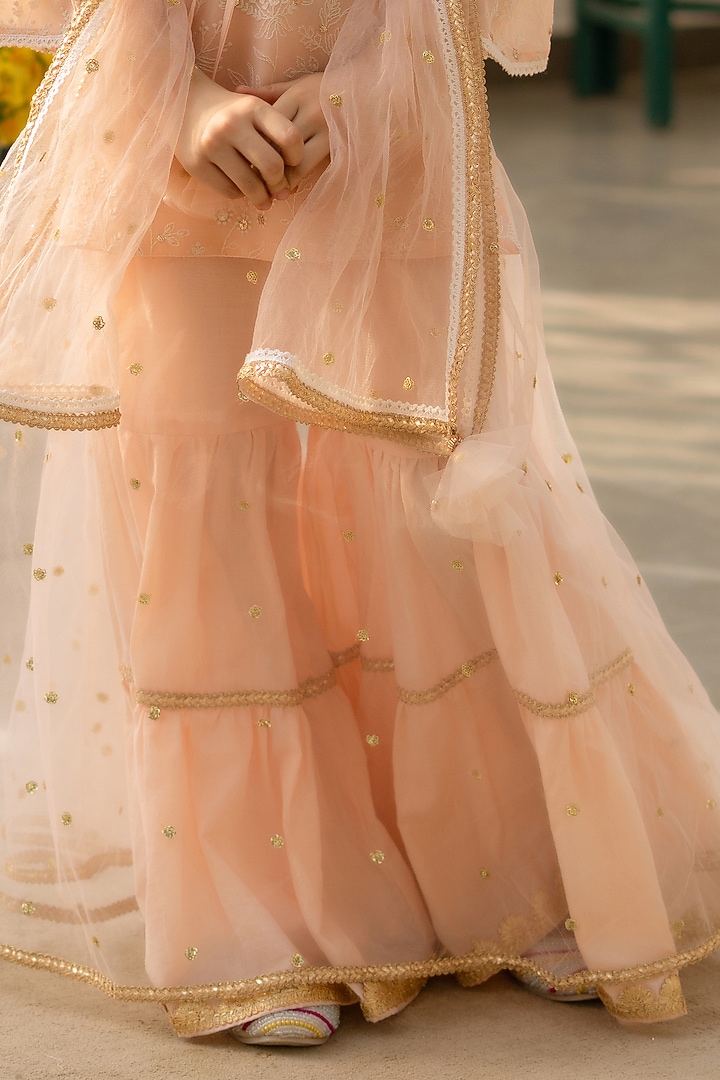 Peach Georgette Embroidered Sharara Set For Girls by Fayon Kids at Pernia's Pop Up Shop