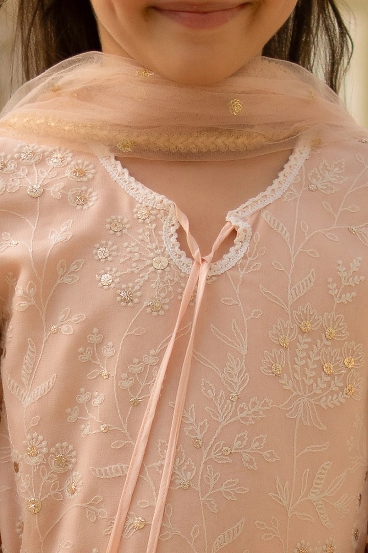 Peach Georgette Embroidered Sharara Set For Girls by Fayon Kids at Pernia's Pop Up Shop