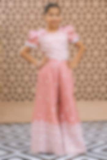 Pink Tissue Organza Embroidered Palazzo Pant Set For Girls by Fayon Kids at Pernia's Pop Up Shop