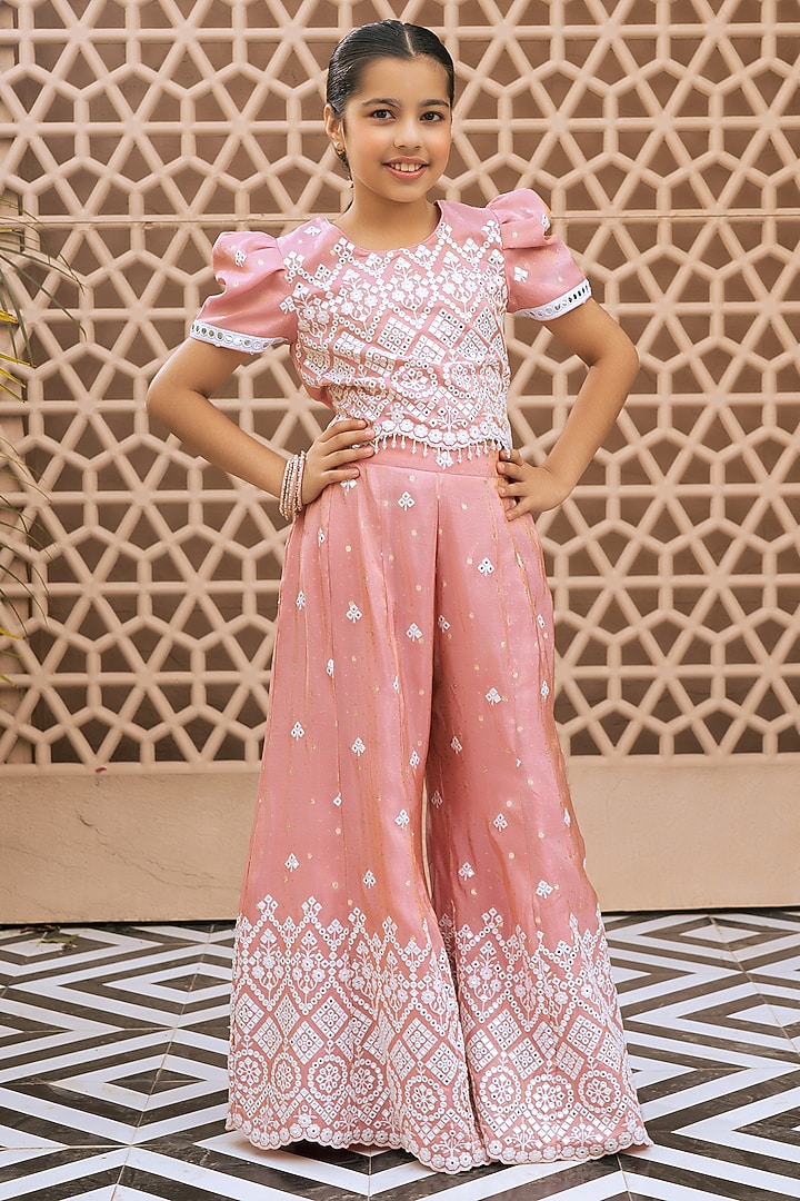 Pink Tissue Organza Embroidered Palazzo Pant Set For Girls by Fayon Kids at Pernia's Pop Up Shop