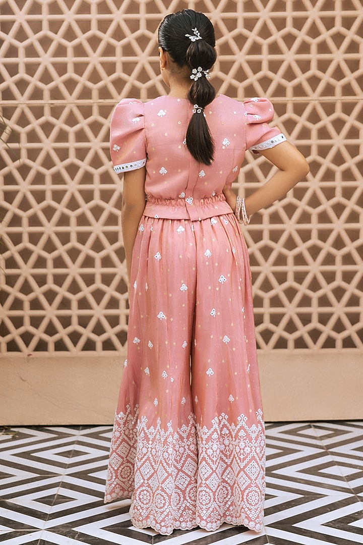 Pink Tissue Organza Embroidered Palazzo Pant Set For Girls by Fayon Kids at Pernia's Pop Up Shop