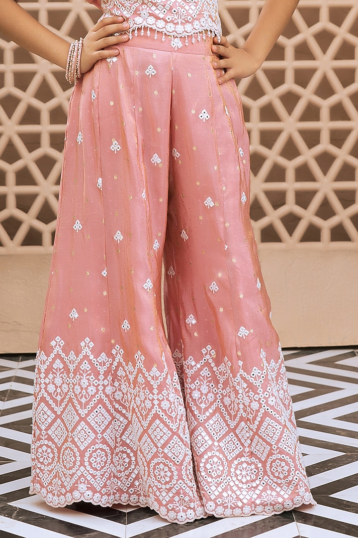 Pink Tissue Organza Embroidered Palazzo Pant Set For Girls by Fayon Kids at Pernia's Pop Up Shop