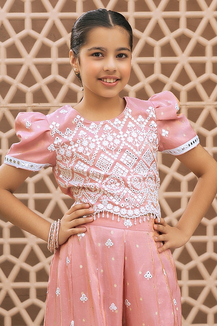 Pink Tissue Organza Embroidered Palazzo Pant Set For Girls by Fayon Kids at Pernia's Pop Up Shop