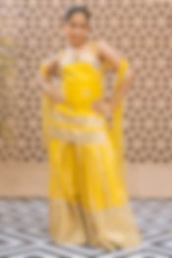 Yellow Tissue Organza Embroidered Sharara Set For Girls by Fayon Kids at Pernia's Pop Up Shop