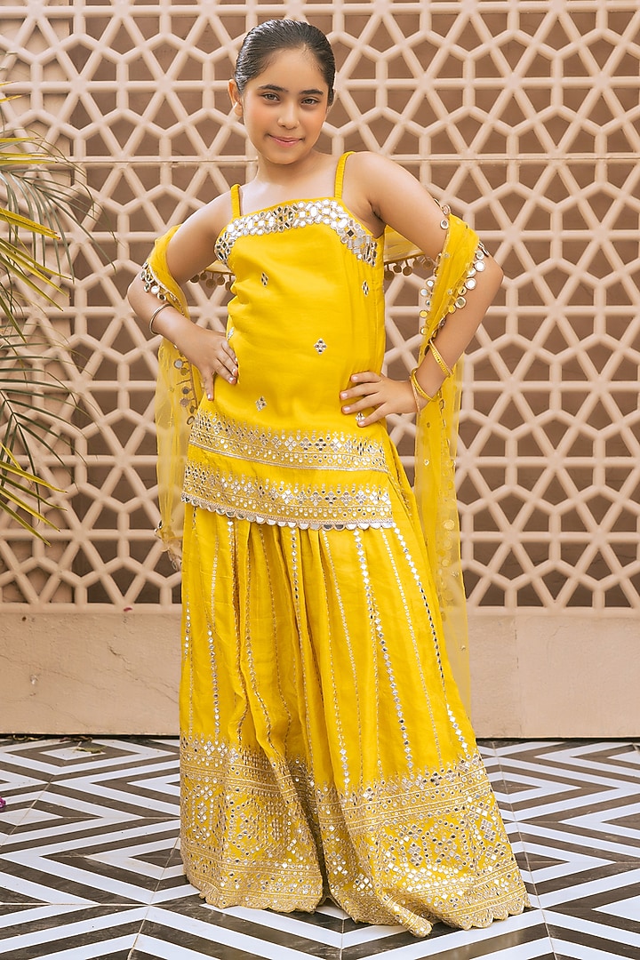 Yellow Tissue Organza Embroidered Sharara Set For Girls by Fayon Kids at Pernia's Pop Up Shop
