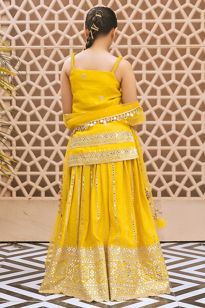Yellow Tissue Organza Embroidered Sharara Set For Girls by Fayon Kids at Pernia's Pop Up Shop