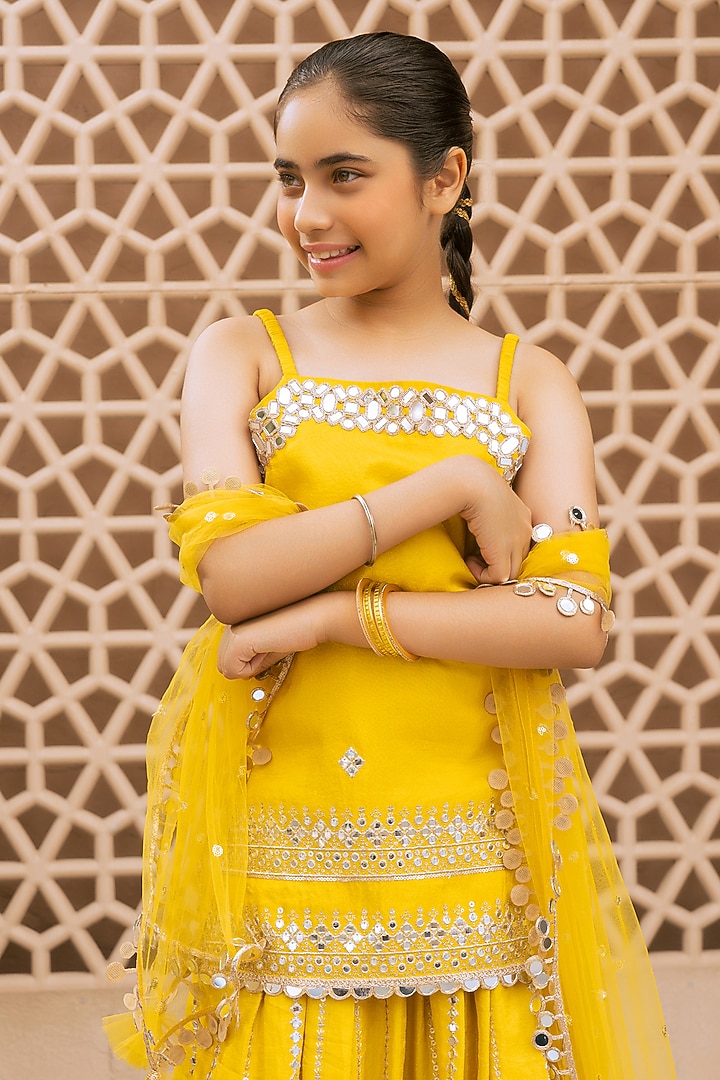 Yellow Tissue Organza Embroidered Sharara Set For Girls by Fayon Kids at Pernia's Pop Up Shop
