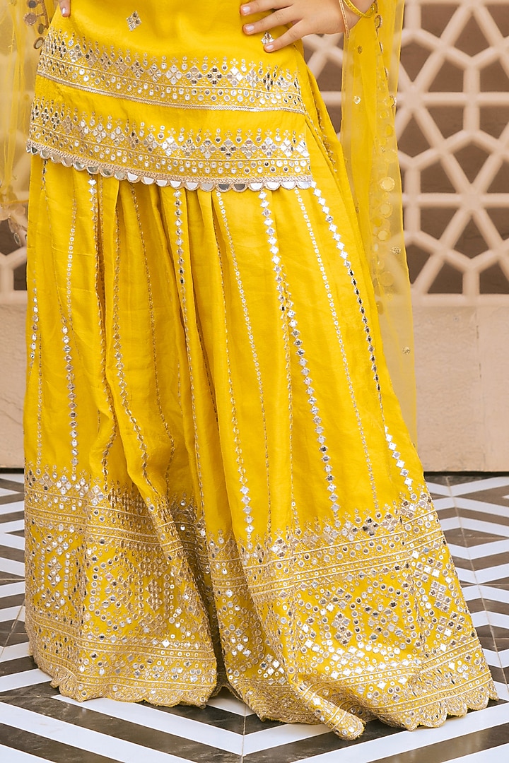Yellow Tissue Organza Embroidered Sharara Set For Girls by Fayon Kids at Pernia's Pop Up Shop