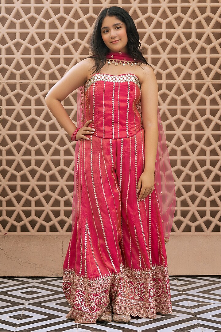 Pink Tissue Organza Embroidered Sharara Set For Girls by Fayon Kids at Pernia's Pop Up Shop