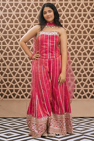 Pink Tissue Organza Embroidered Sharara Set For Girls by Fayon Kids