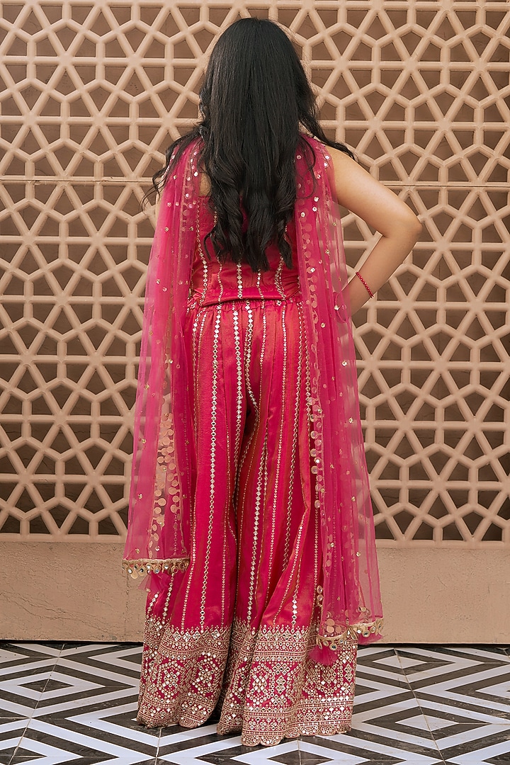 Pink Tissue Organza Embroidered Sharara Set For Girls by Fayon Kids at Pernia's Pop Up Shop