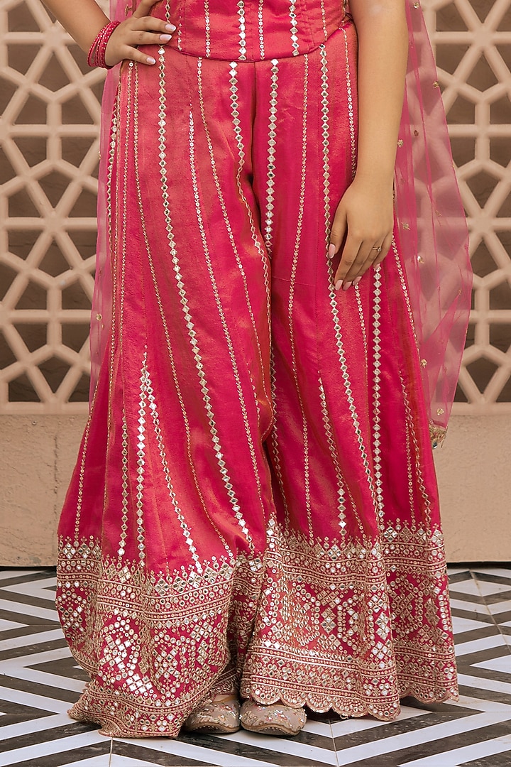 Pink Tissue Organza Embroidered Sharara Set For Girls by Fayon Kids at Pernia's Pop Up Shop