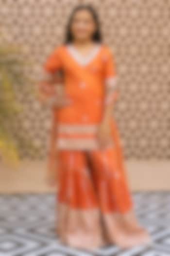 Orange Tissue Organza Embroidered Sharara Set For Girls by Fayon Kids at Pernia's Pop Up Shop