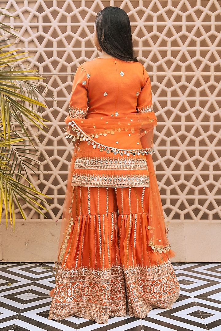 Orange Tissue Organza Embroidered Sharara Set For Girls by Fayon Kids at Pernia's Pop Up Shop