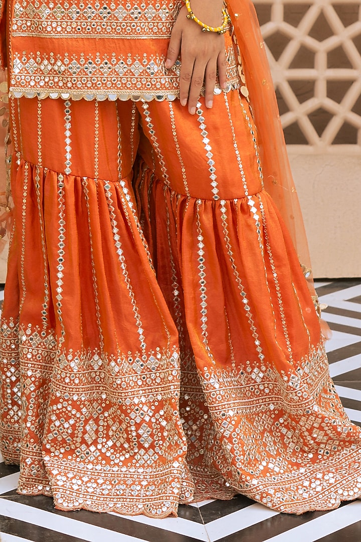 Orange Tissue Organza Embroidered Sharara Set For Girls by Fayon Kids at Pernia's Pop Up Shop