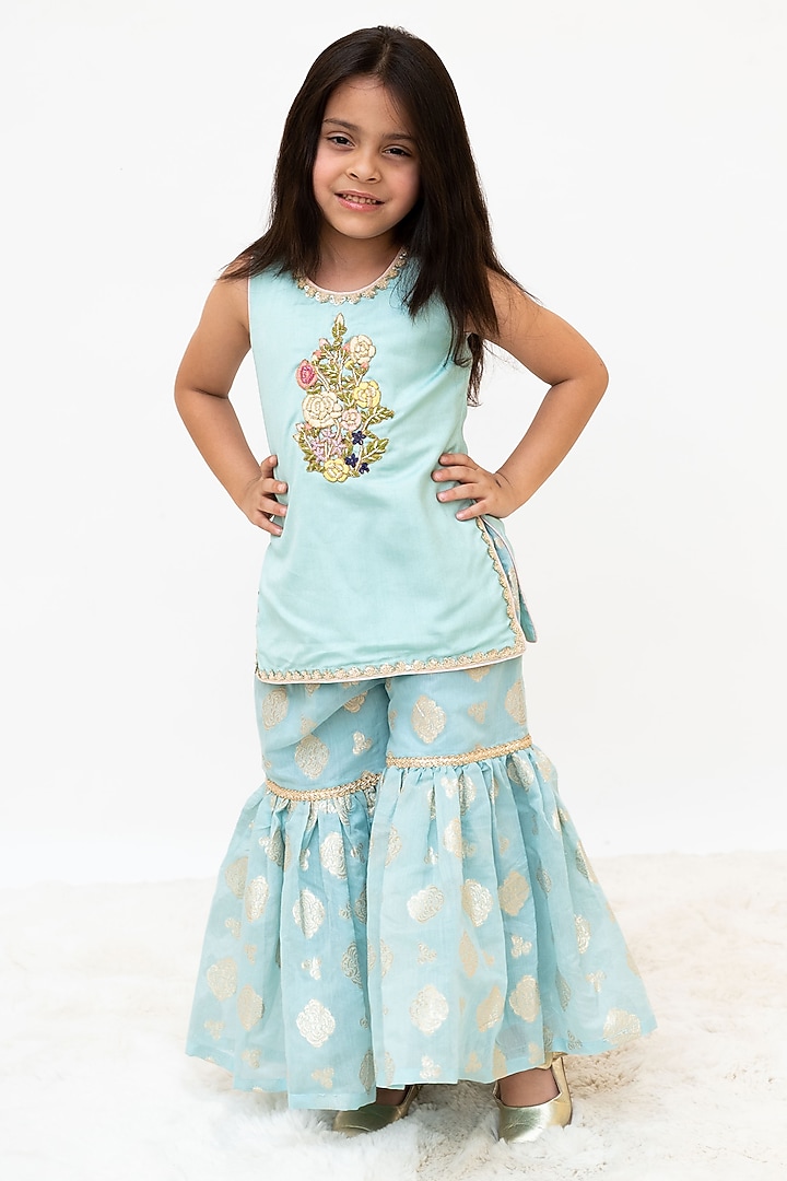 Blue Cotton Embroidered Sharara Set For Girls by Fayon Kids at Pernia's Pop Up Shop