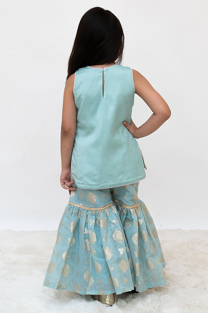 Blue Cotton Embroidered Sharara Set For Girls by Fayon Kids at Pernia's Pop Up Shop