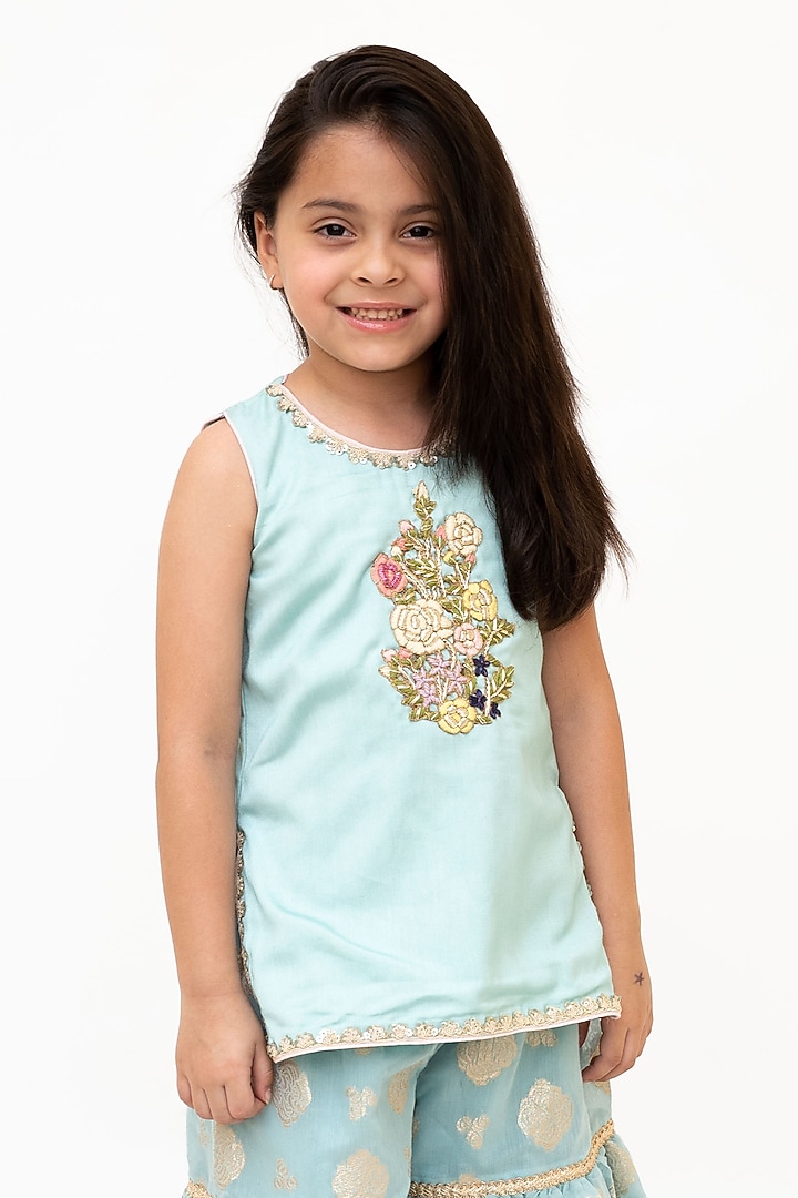 Blue Cotton Embroidered Sharara Set For Girls by Fayon Kids at Pernia's Pop Up Shop