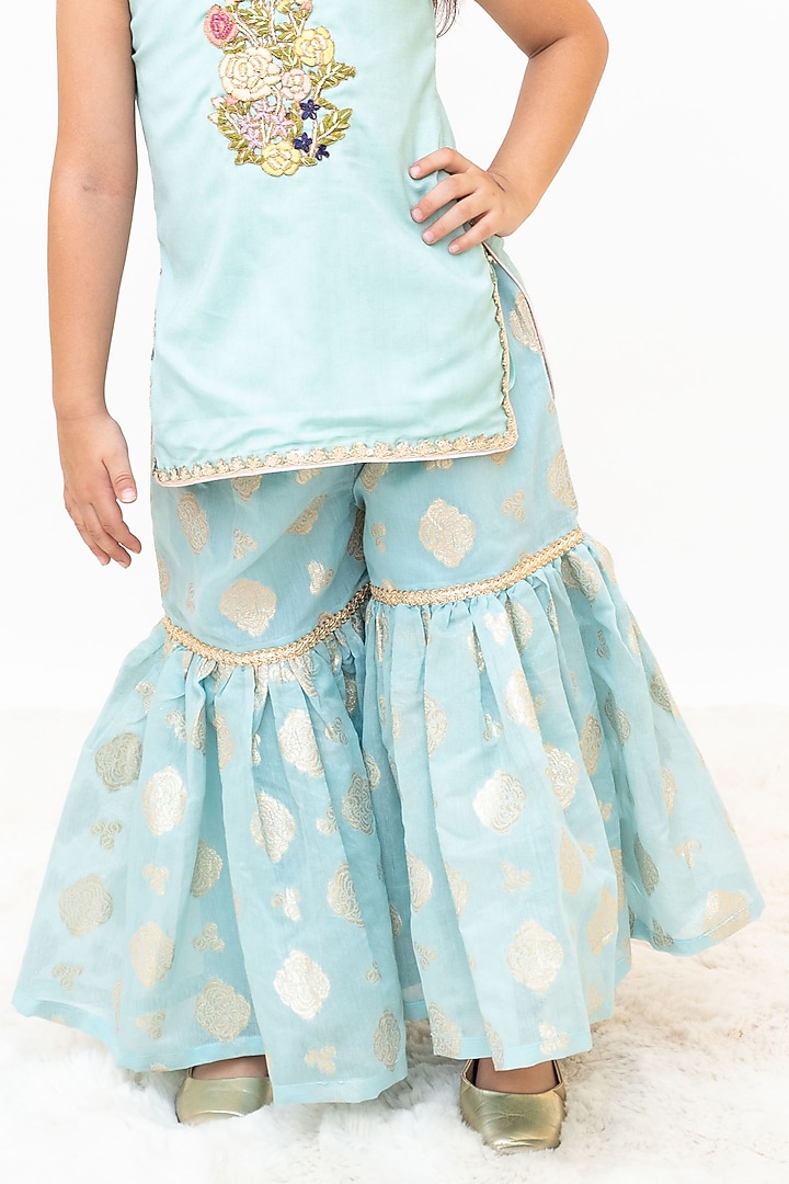 Blue Cotton Embroidered Sharara Set For Girls by Fayon Kids at Pernia's Pop Up Shop