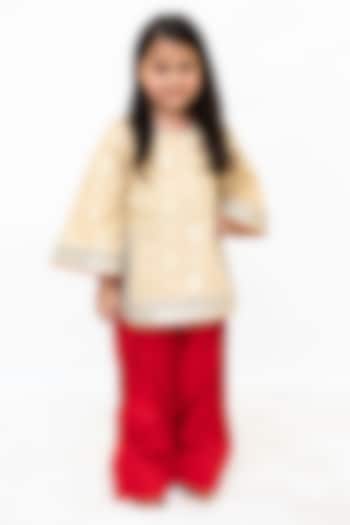 Gold Brocade Embroidered Kurta Set For Girls by Fayon Kids at Pernia's Pop Up Shop