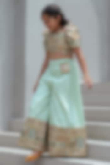 Pista Green Tissue Organza Embroidered Palazzo Pant Set For Girls by Fayon Kids at Pernia's Pop Up Shop