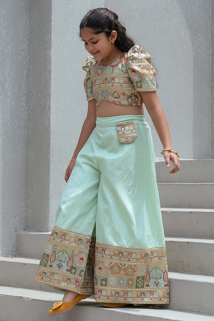 Pista Green Tissue Organza Embroidered Palazzo Pant Set For Girls by Fayon Kids at Pernia's Pop Up Shop