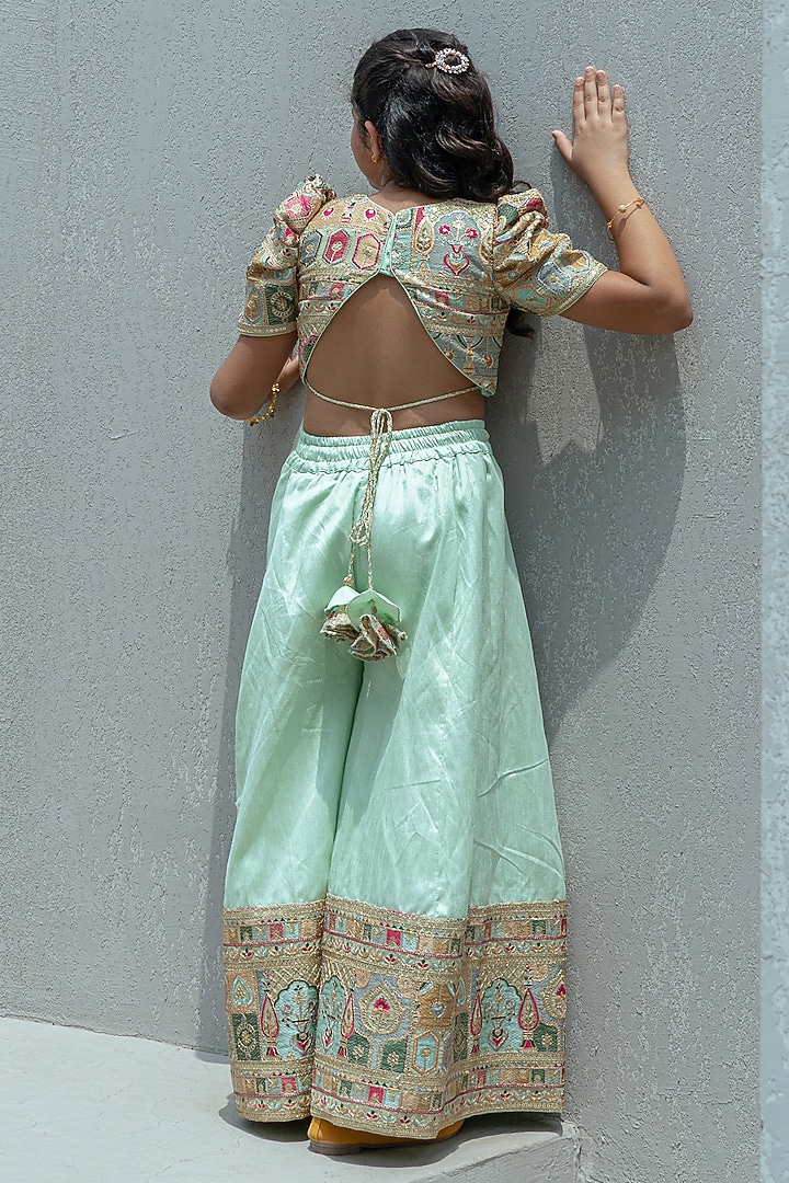 Pista Green Tissue Organza Embroidered Palazzo Pant Set For Girls by Fayon Kids at Pernia's Pop Up Shop