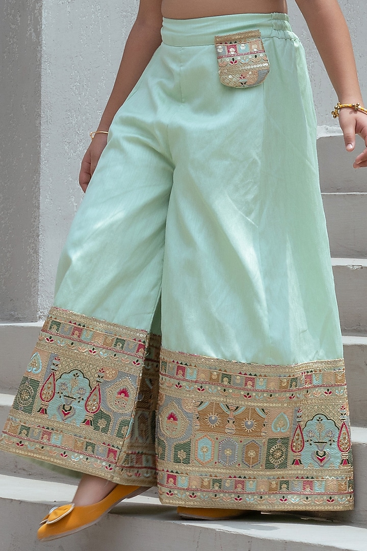 Pista Green Tissue Organza Embroidered Palazzo Pant Set For Girls by Fayon Kids at Pernia's Pop Up Shop