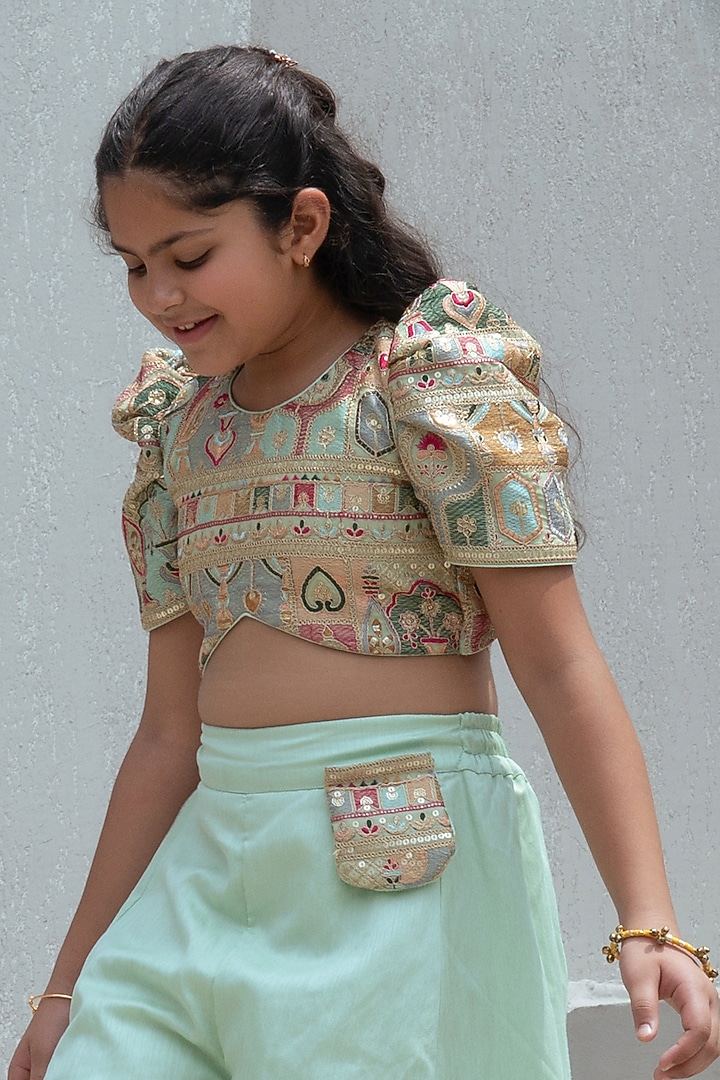 Pista Green Tissue Organza Embroidered Palazzo Pant Set For Girls by Fayon Kids at Pernia's Pop Up Shop