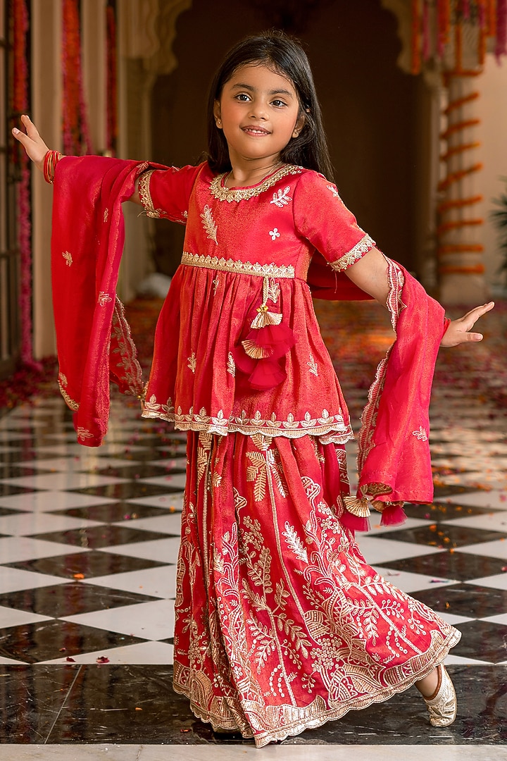 Pink Tissue Organza Embroidered Lehenga Set For Girls by Fayon Kids at Pernia's Pop Up Shop