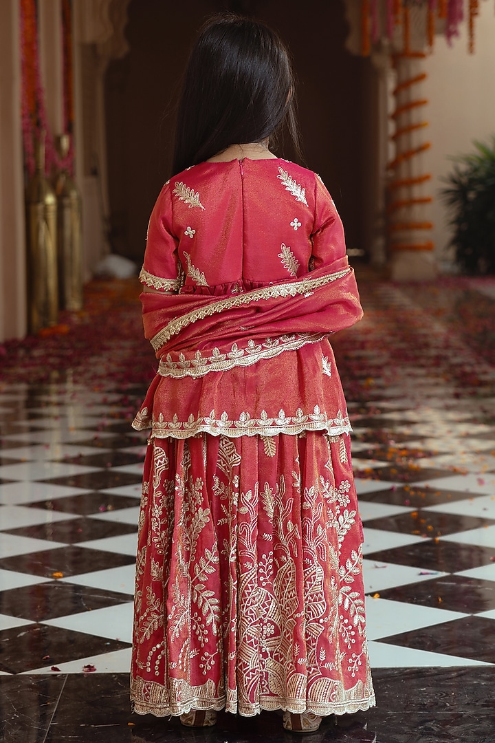 Pink Tissue Organza Embroidered Lehenga Set For Girls by Fayon Kids at Pernia's Pop Up Shop