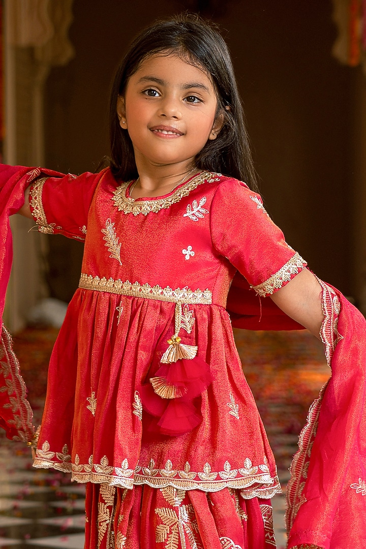 Pink Tissue Organza Embroidered Lehenga Set For Girls by Fayon Kids at Pernia's Pop Up Shop